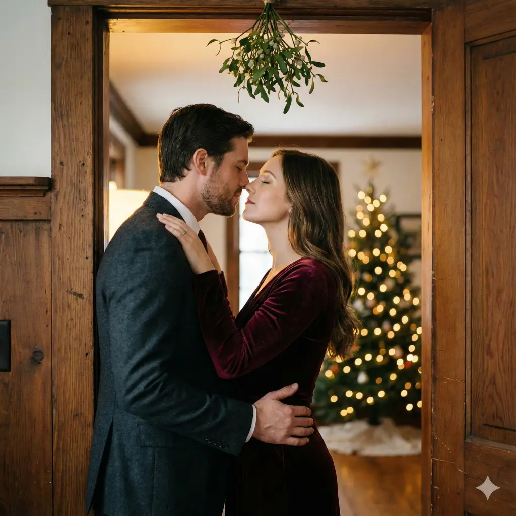 Create a romantic and intimate photo with an aspect ratio of 1:1 of a couple standing beneath a sprig of mistletoe hanging from a wooden doorframe. The man, wearing a charcoal wool suit, has his hands gently placed on the woman's waist. The woman, in a festive burgundy velvet dress, has her hands on his shoulders, and they are leaning in for a kiss, eyes closed. The background is soft and blurry, showing the warm glow of a Christmas tree in the next room. The lighting should be cinematic and warm.