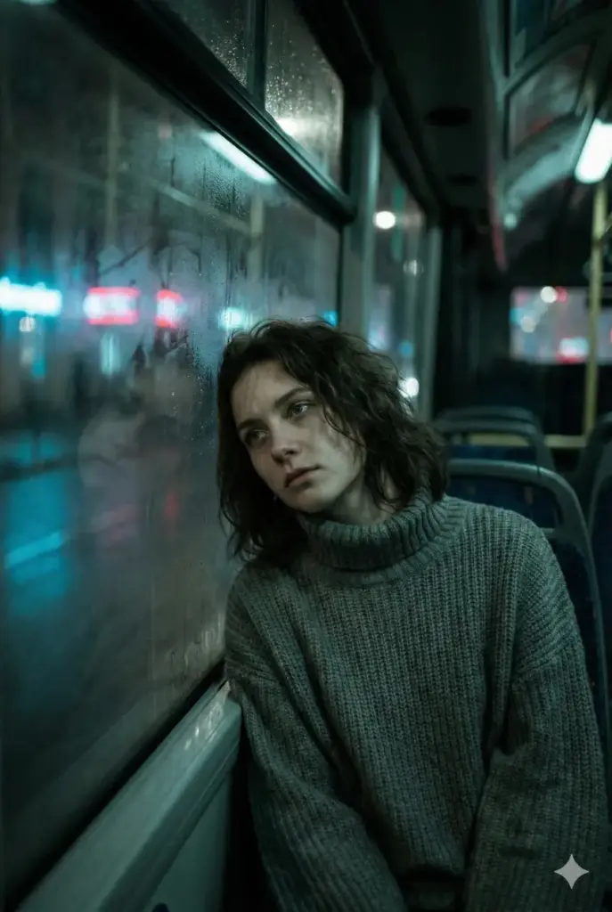 Create a realistic photograph with an aspect ratio of 2:3 representing a mood of deep melancholia. The subject is a young woman sitting by the window of a moving city bus at night. Raindrops are streaking heavily across the glass, distorting the neon city lights outside into blurred bokeh of cold blues and muted reds. The woman is resting her forehead against the cold glass, her eyes are open but unfocused, staring at nothing. She is wearing an oversized, knitted grey turtle-neck sweater. The lighting is low-key, illuminated only by the passing streetlights, casting shadows across her face. The color grading should be cinematic, leaning towards teal and desaturated grey tones to emphasize loneliness.