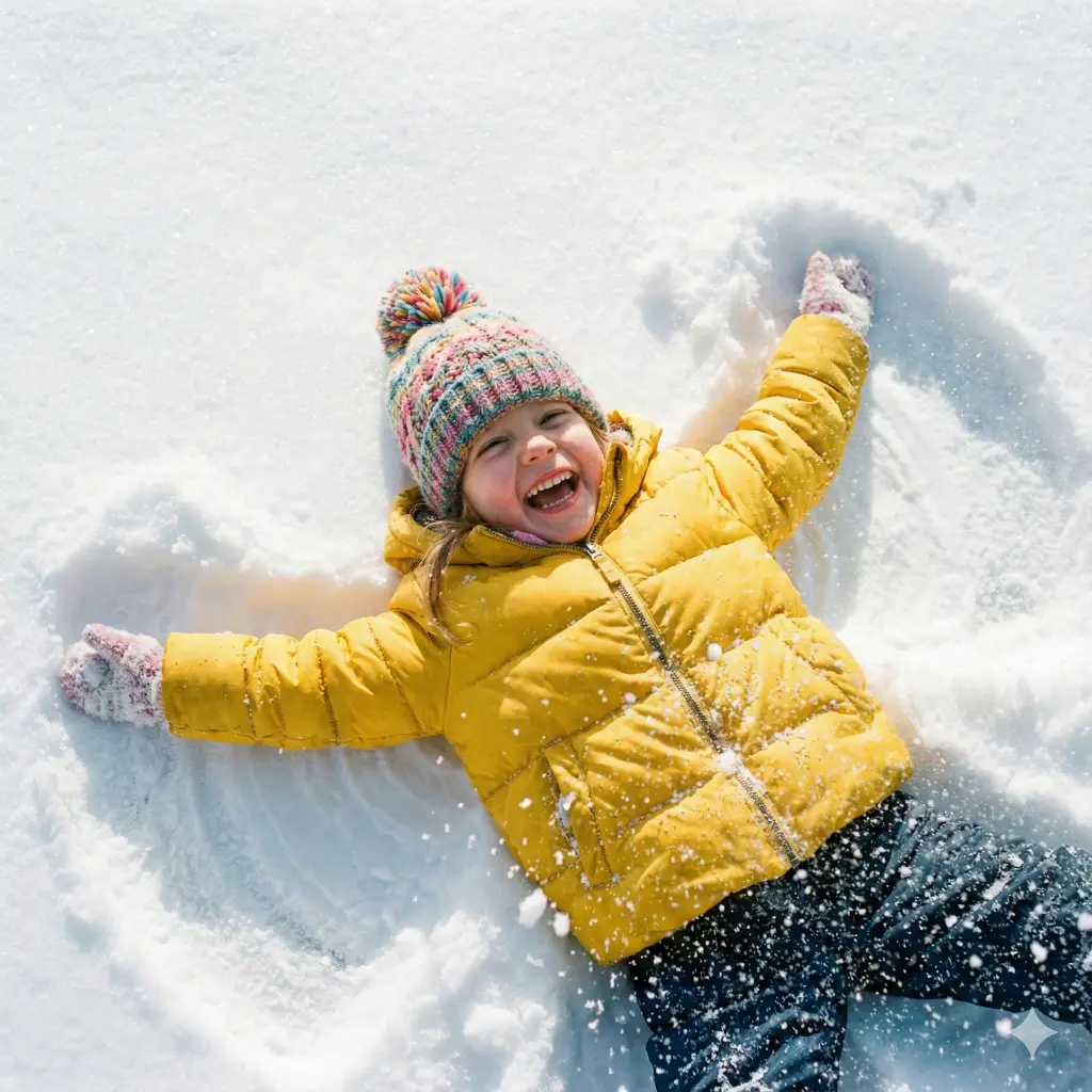 Create a high-energy, joyful photo with an aspect ratio of 1:1 of a little girl lying on her back in deep, fresh powder snow. She is wearing a bright yellow puffer jacket and a colorful knit pom-pom hat. She is laughing heartily, looking up towards the sky, with her arms and legs outstretched as if making a snow angel. The perspective should be directly from above (bird's-eye view). The snow should sparkle under bright sunlight, and the image should be crisp and vibrant, capturing the pure happiness of a snow day.