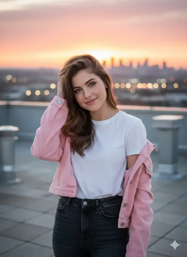 Create a cute girl photo of a young woman standing on a rooftop during sunset, wearing a white t-shirt tucked into high-waisted jeans and a light jacket. She's looking into the camera with a soft smile, one hand in her hair. The sky behind her glows orange and pink, and city lights start to sparkle below. The photo should feel urban yet intimate.