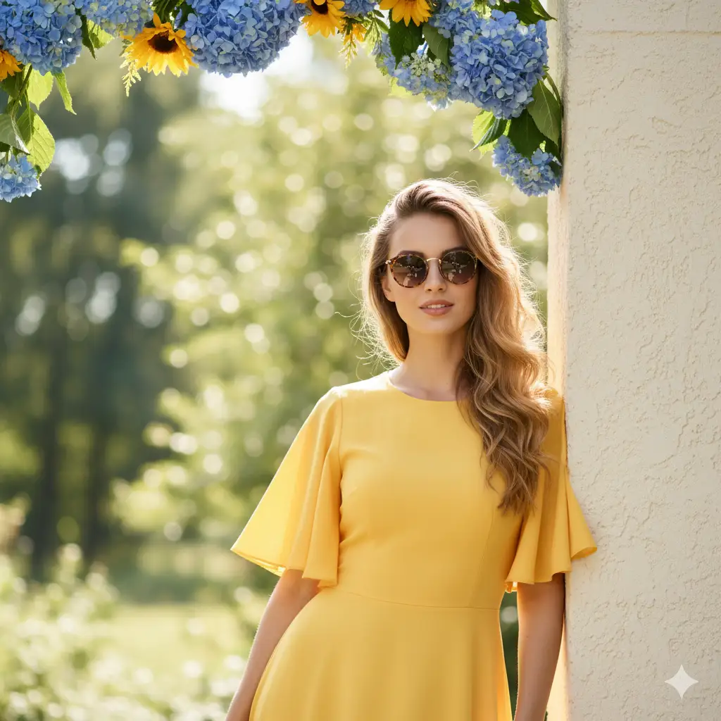 Create a stylish outdoor portrait of a young woman leaning casually against a light-colored wall, surrounded by soft greenery and sunlight. She wears a bright yellow, flowy dress with short flutter sleeves, and a pair of chic sunglasses that reflect the soft daylight. Her long, wavy hair cascades naturally over her shoulder as she gazes ahead with a serene, confident expression. The background features a beautiful bokeh effect created by sunlight filtering through trees, evoking a calm, summery atmosphere. Vibrant blue and yellow flowers hang above her, subtly framing the composition with color contrast.