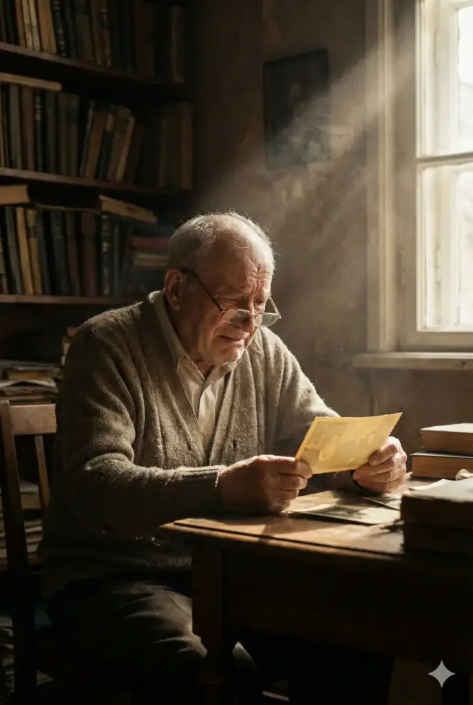Create a highly detailed photograph with an aspect ratio of 2:3 capturing a moment of quiet sorrow. The subject is an elderly man sitting at a cluttered, wooden desk in a dusty study. He is illuminated by a single shaft of natural light cutting through the dust motes from a nearby window. He is holding a yellowed, vintage photograph in trembling hands, staring at it with a pained expression. He is wearing a moth-eaten cardigan and reading glasses that have slid down his nose. The background is filled with shelves of old books in shadow. The color grading should be warm but somber, utilizing deep browns, golds, and heavy shadows to create a Rembrandt-style chiaroscuro effect.