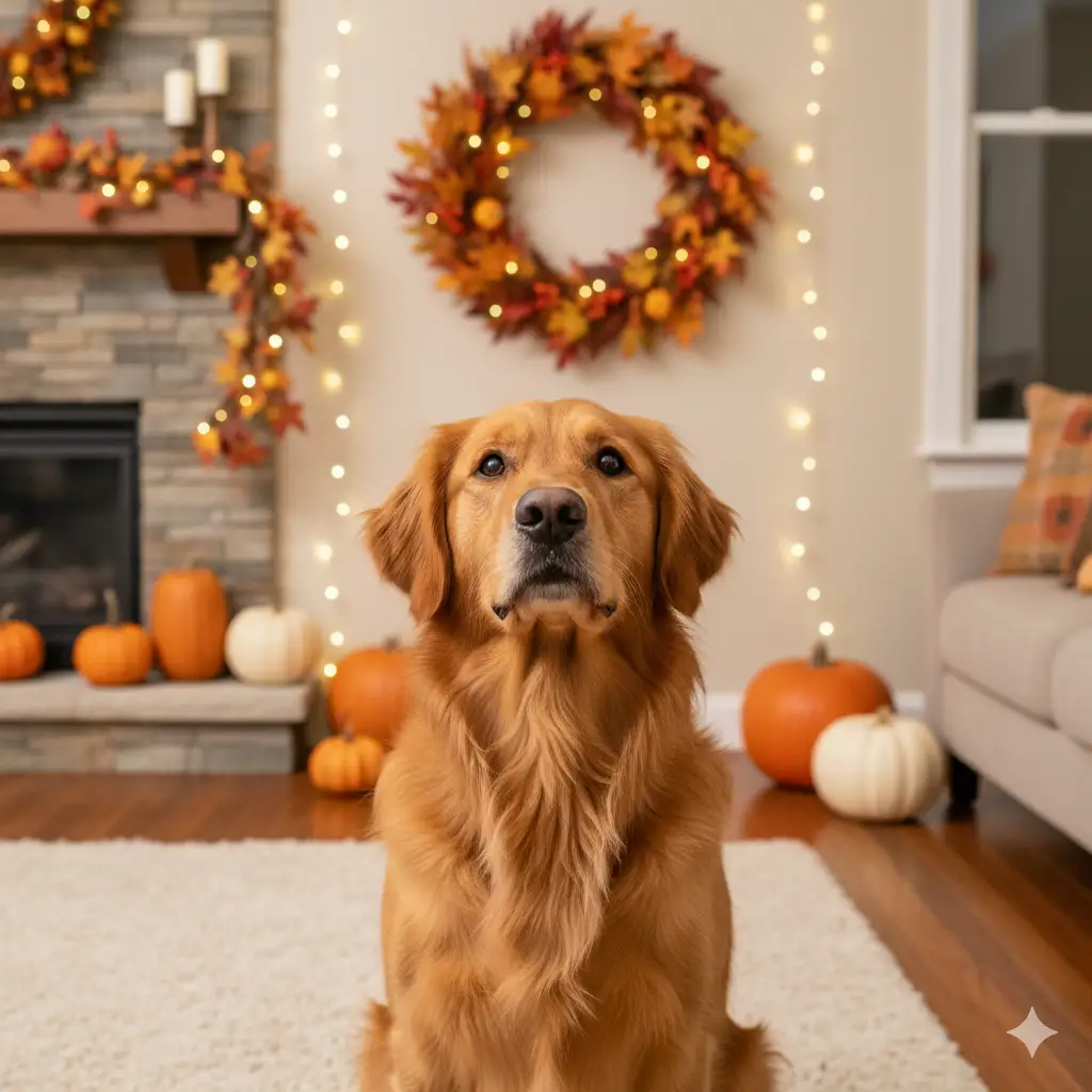 Create a highly detailed, photo of a golden retriever sitting in a living room decorated for Thanksgiving; a wreath of autumn leaves hanging on the wall; pumpkins on the floor; warm fairy lights behind the dog creating a soft bokeh; the dog looking up with gentle eyes; sharp texture on fur.