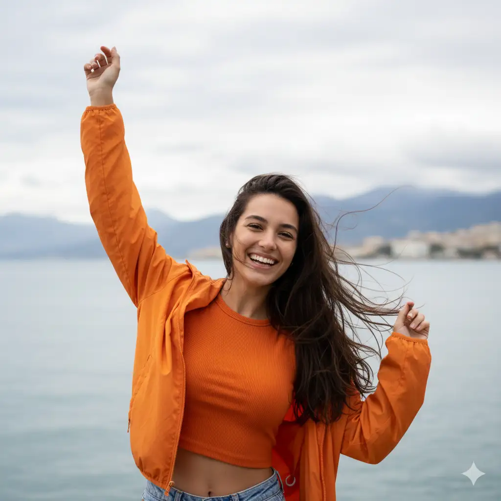 Create a bright, joyful outdoor portrait of a young woman standing near a waterfront under an overcast sky. She beams with a wide, genuine smile, her expression full of warmth and energy. Her long, dark hair is windswept, with lively strands lifting and swirling in the breeze. She wears a vibrant orange crop top paired with a lightweight, matching orange windbreaker, its loose fabric catching the wind and adding a sense of motion. Her pose is dynamic and carefree, arms lifted as if mid-laugh or mid-celebration. Soft, muted mountains and a hint of a coastal town sit blurred in the background, giving the scene a sense of open air and seaside freedom. The color palette combines warm oranges with cool, cloudy blues, creating a striking contrast that emphasizes her upbeat presence. The overall mood is fresh, energetic, spontaneous, and full of life.
