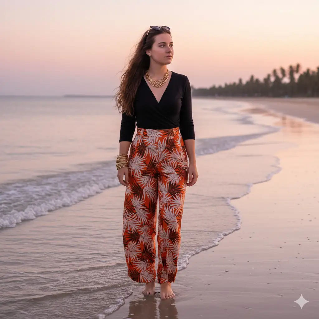 Create a serene beachside portrait of a young woman standing by the shore during a pastel sunset. The sky glows in soft pink, peach, and lavender hues, reflecting beautifully on the wet sand. She wears a stylish black wrap top with a deep neckline and high-waisted orange trousers patterned with tropical palm leaves in white and brown tones. Her long hair flows naturally, and she accessorizes with gold bangles, a chunky necklace, and sunglasses resting atop her head. The gentle ocean breeze adds movement to her hair and clothes, while the golden-hour light casts a warm glow across her face, capturing a peaceful, introspective mood.