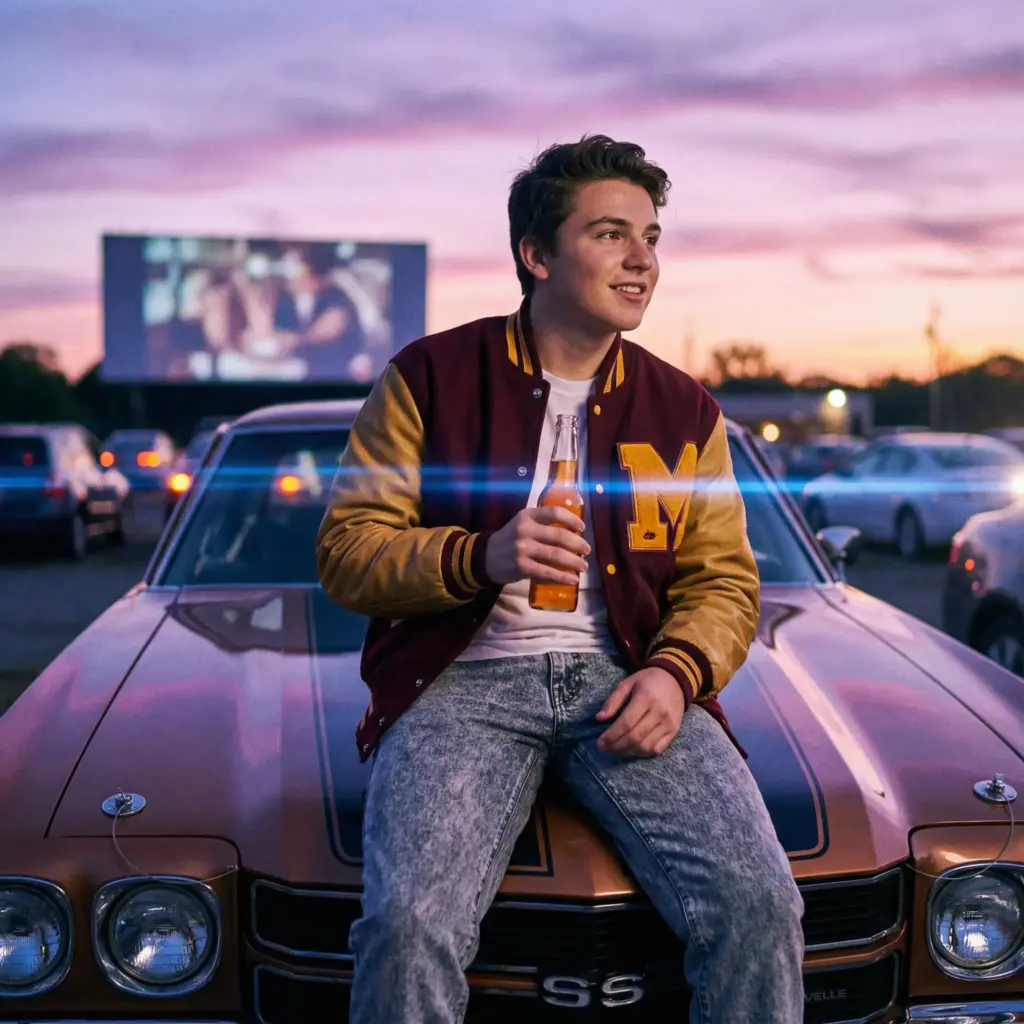 Create a nostalgic cinematic shot typical of an 80s teen movie. A teenager in a varsity letterman jacket and stonewashed denim jeans sits on the hood of a classic muscle car at a drive-in movie theater. It is dusk. He is looking off to the side with a hopeful grin, holding a bottle of soda. The background features the blurry lights of the movie screen and other cars. The lighting involves a purple and pink sunset sky reflecting off the car hood, mixed with the artificial glow of the theater. Use a vintage anamorphic lens to create horizontal blue lens flares. Aspect ratio 1:1.