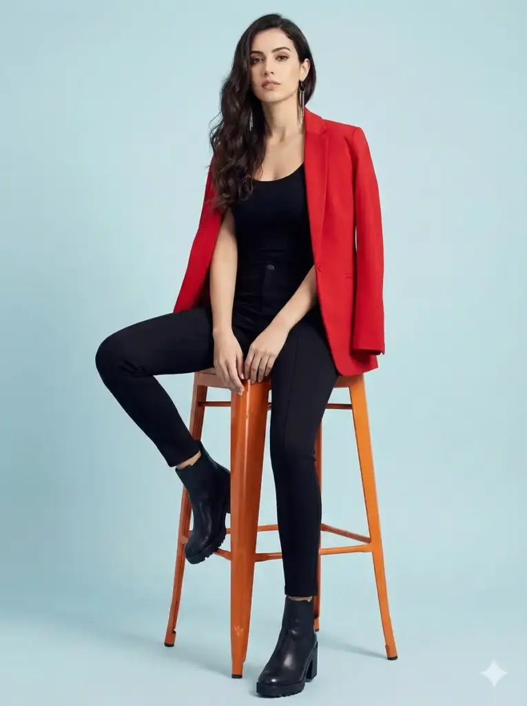 Create photo of a stylish woman sits on a tall, glossy orange stool against a clean, minimal studio backdrop in soft pastel blue. She wears a fitted black tank top paired with sleek black pants and chunky black ankle boots with a high block heel. An eye-catching, vibrant red blazer drapes casually over her shoulders, creating a striking contrast against both her outfit and the background. Her posture is relaxed yet confident: one leg crossed loosely over the other while her hands rest gently on her lap. Her long, wavy dark hair cascades over one shoulder, and she wears long, slender metallic earrings that add a modern, elegant accent. The lighting is soft and even, highlighting smooth skin tones and clean contours, creating a polished fashion-editorial mood. The overall composition is balanced, minimalist, and sophisticated, with an emphasis on style, attitude, and color contrast. Use aspect ratio 3:4.