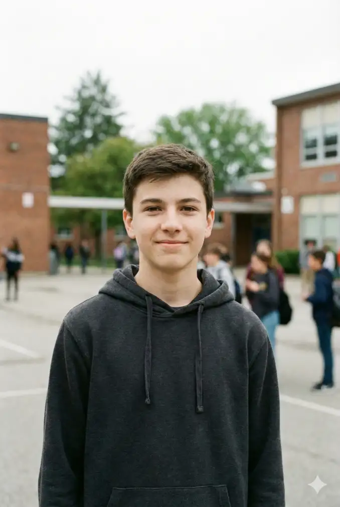 Create a realistic portrait of a teenage boy, aspect ratio 2:3. Place him outdoors under soft overcast light that gives a balanced natural tone. He wears a dark hoodie and looks straight at the camera with a natural half smile. The background should be a blurred schoolyard that gives context without distracting from his face.