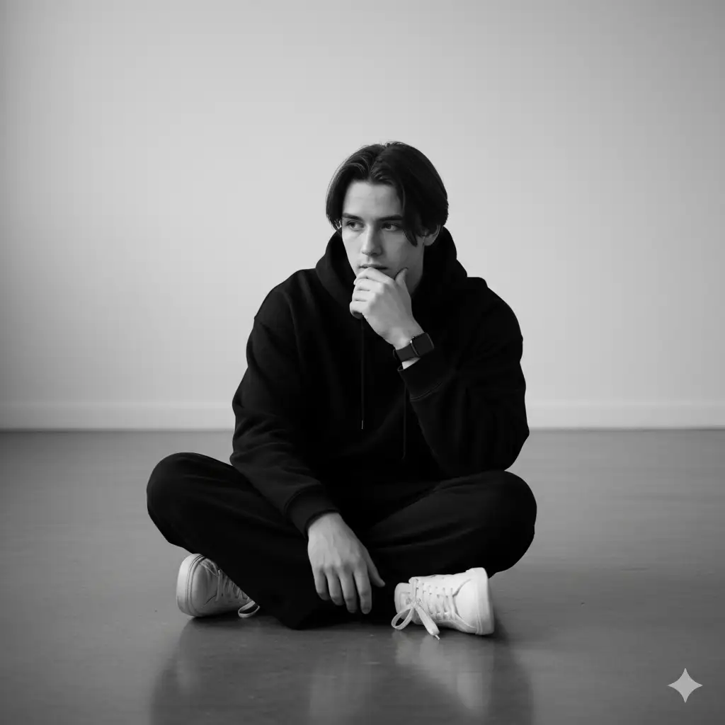 Create photo of a young man sits cross-legged on the floor in a minimalist studio setting, photographed in crisp black and white. He wears a relaxed black hoodie and loose black pants, paired with clean white sneakers that create a striking tonal contrast. His medium-length hair falls naturally around his face, and he has a thoughtful, introspective expression while resting one hand lightly near his lips. On his wrist, he wears a modern smartwatch that adds a subtle contemporary detail. Soft, diffused studio lighting creates smooth shadows and gentle gradients across the background, emphasizing texture, shape, and mood rather than color. The overall aesthetic is calm, modern, and artistic, with a focus on emotion and simplicity, reminiscent of fine-art portrait photography.