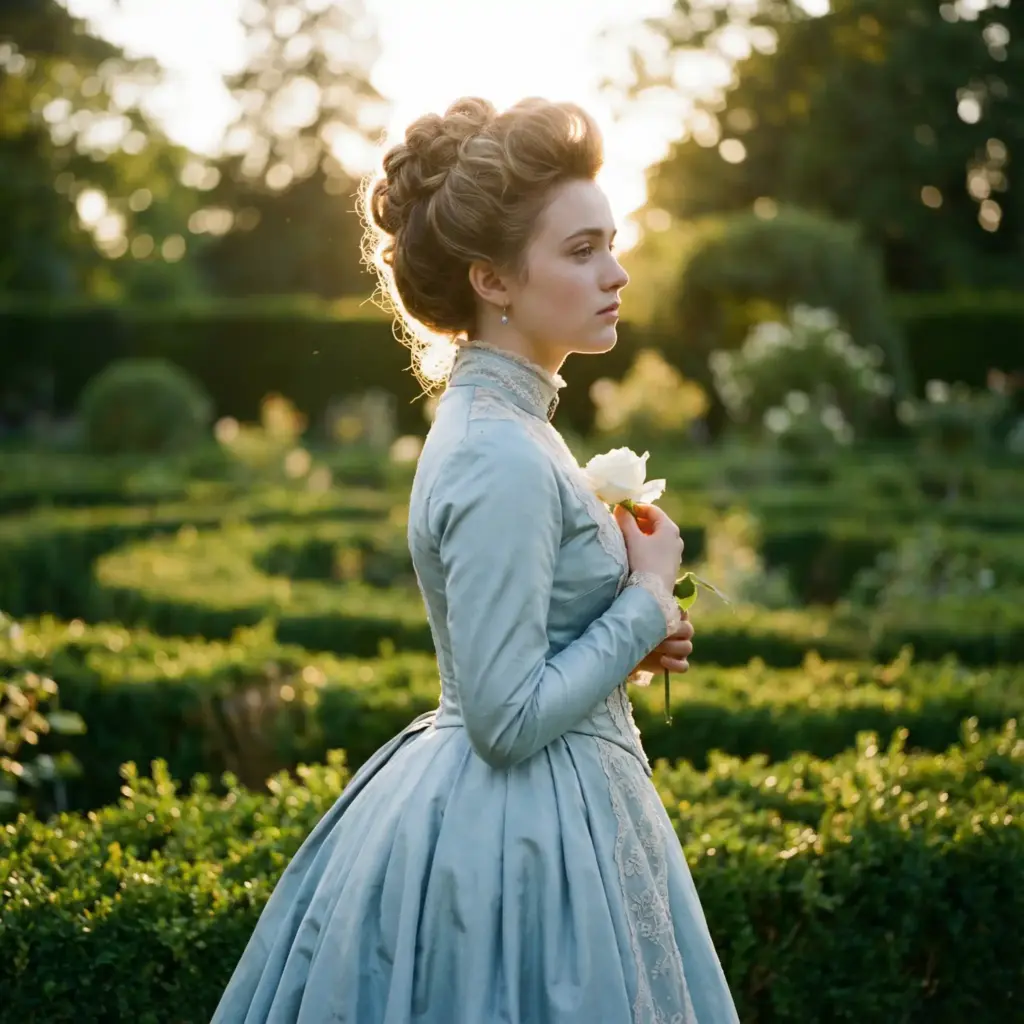 Create an elegant cinematic shot suitable for an Oscar-winning period drama. A young Victorian woman stands in a lush, green garden maze during the "golden hour." She is wearing a pale blue silk ballgown with intricate lace detailing and a high collar. Her hair is pinned up in an elaborate updo. She is looking slightly away from the camera with a melancholic, longing expression, holding a white rose near her chest. The lighting is soft, backlit by the setting sun which creates a "halo" effect around her hair (rim lighting). Shot on a 50mm prime lens, soft focus background, dreamy and romantic atmosphere. Aspect ratio 1:1.