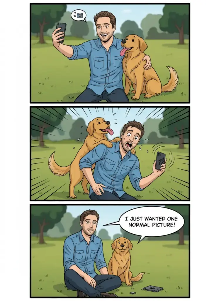 Create a 3-panel comic strip featuring the same character from the reference photo. Style: bold outlines, cel-shaded comic colors.
Panel 1: The character tries to take a cute photo with a playful dog.
Panel 2: The dog suddenly jumps up and licks the character's face, knocking them off balance.
Panel 3: The character says: 'I just wanted one normal picture!'
Keep the face consistent in all panels.