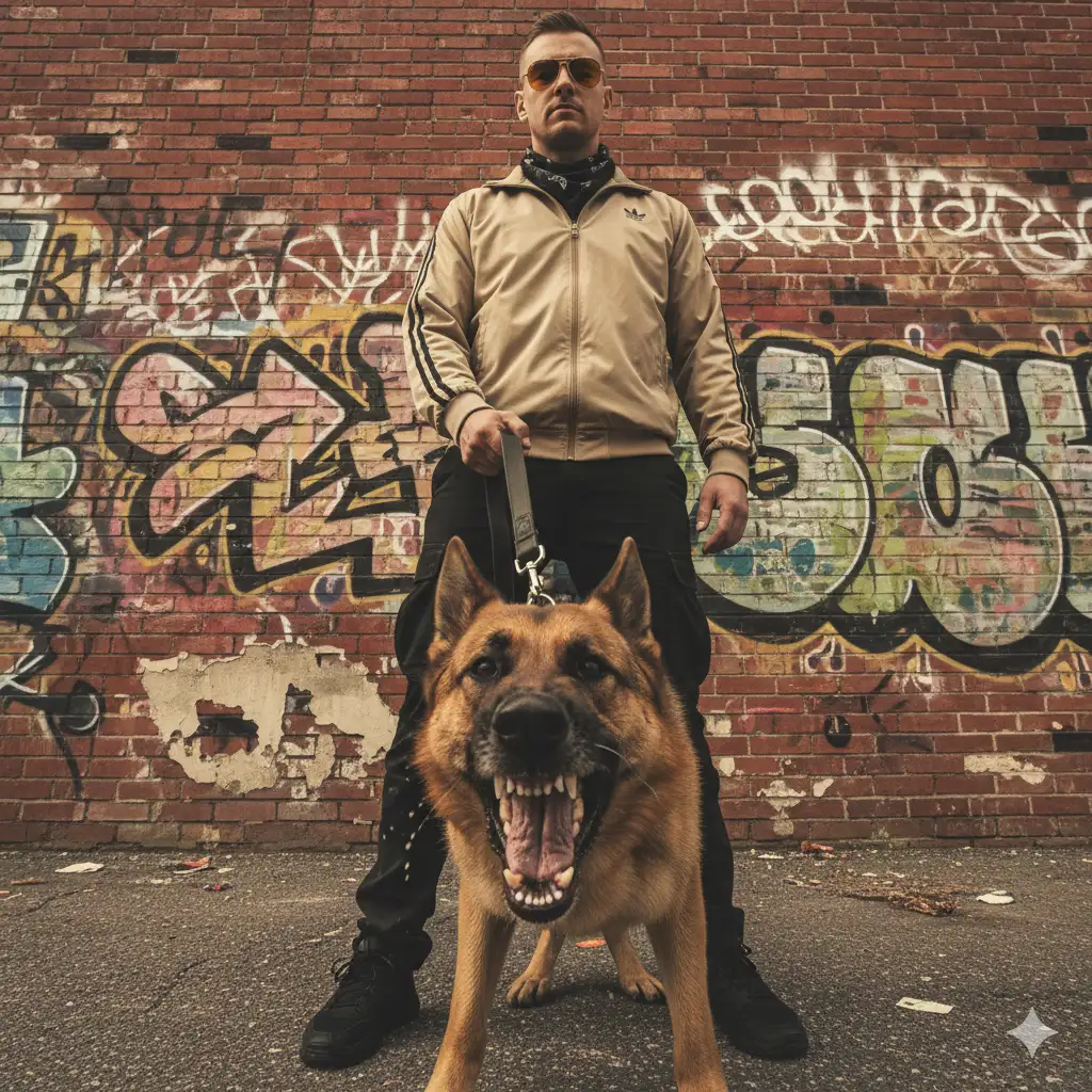Create a cinematic, urban-style portrait of a man standing confidently with a powerful German Shepherd dog in front of him, set against a gritty brick wall covered in graffiti. The low camera angle emphasizes dominance and strength, with the dog in the foreground, mouth open mid-snarl or bark, exuding energy and intensity. The man stands tall behind the dog, holding the leash firmly, wearing a beige windbreaker with black stripes, black pants, dark sunglasses with amber-tinted lenses, and a black bandana around his neck.