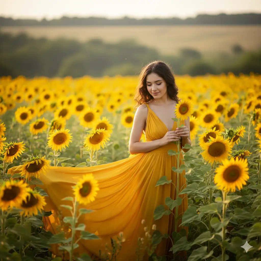Create a serene portrait of a young woman standing gracefully in a lush sunflower field, surrounded by tall, golden blooms swaying gently in the breeze. She wears a flowing yellow dress that harmonizes perfectly with the sunflowers, creating a radiant and cheerful atmosphere. Her long dark hair flows naturally as she tilts slightly, holding one of the sunflowers with a soft, peaceful smile. The background features a soft blur of greenery and distant countryside, evoking a sense of calm, freedom, and connection with nature. The lighting is gentle and diffused, casting a dreamy golden hue that enhances the warmth and tranquility of the scene.