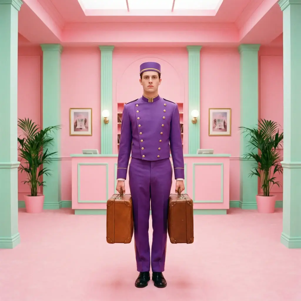 Create a symmetrical cinematic shot in the style of Wes Anderson. A hotel bellboy stands perfectly center-frame in the lobby of a pastel-pink grand hotel. He is wearing a bright purple uniform with gold buttons and a pillbox hat. He holds a brown leather suitcase in each hand, arms stiff by his side, staring directly at the camera with a deadpan, emotionless expression. The background is meticulously organized and symmetrical. The lighting is flat and even (high-key lighting), with a vibrant, pastel color palette dominated by pinks, purples, and mint greens. Sharp focus throughout the image. Aspect ratio 1:1.