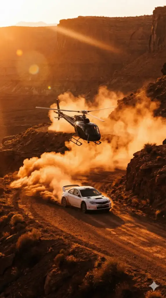 Create a phone wallpaper of an action-packed scene in a dusty desert canyon. A white sports car is driving fast on a dirt road, kicking up a massive cloud of orange dust, while a black helicopter flies low just above it. The lighting should be golden hour sunset, creating a monochromatic orange and brown color palette. 9:16 aspect ratio.