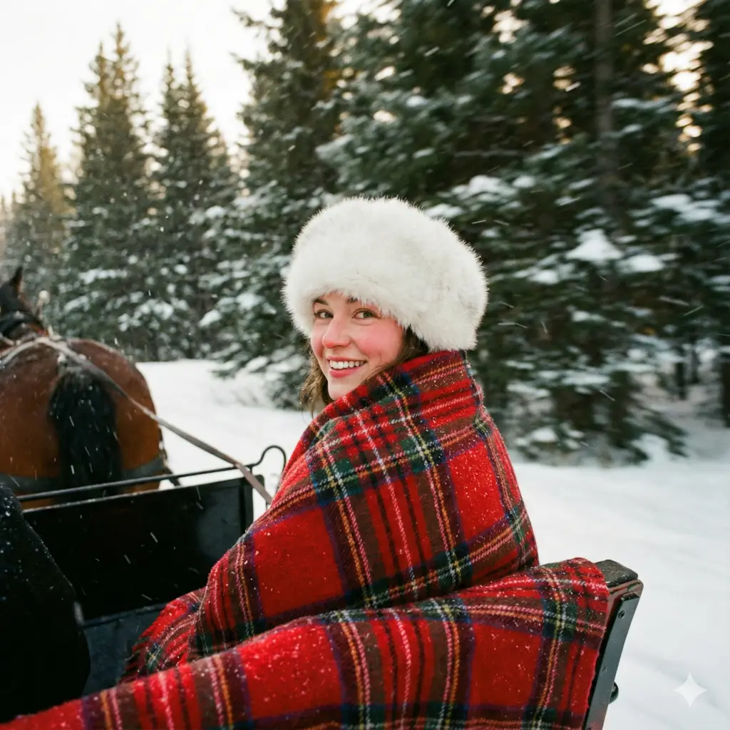 Create a romantic and timeless photo with an aspect ratio of 1:1 of a woman sitting in the back of a horse-drawn sleigh. She is wrapped in a thick, red plaid blanket and is wearing a white fur hat. She is looking back over her shoulder with rosy cheeks and a bright smile. The background is a blur of rushing pine trees and falling snow, conveying a sense of motion and winter adventure.