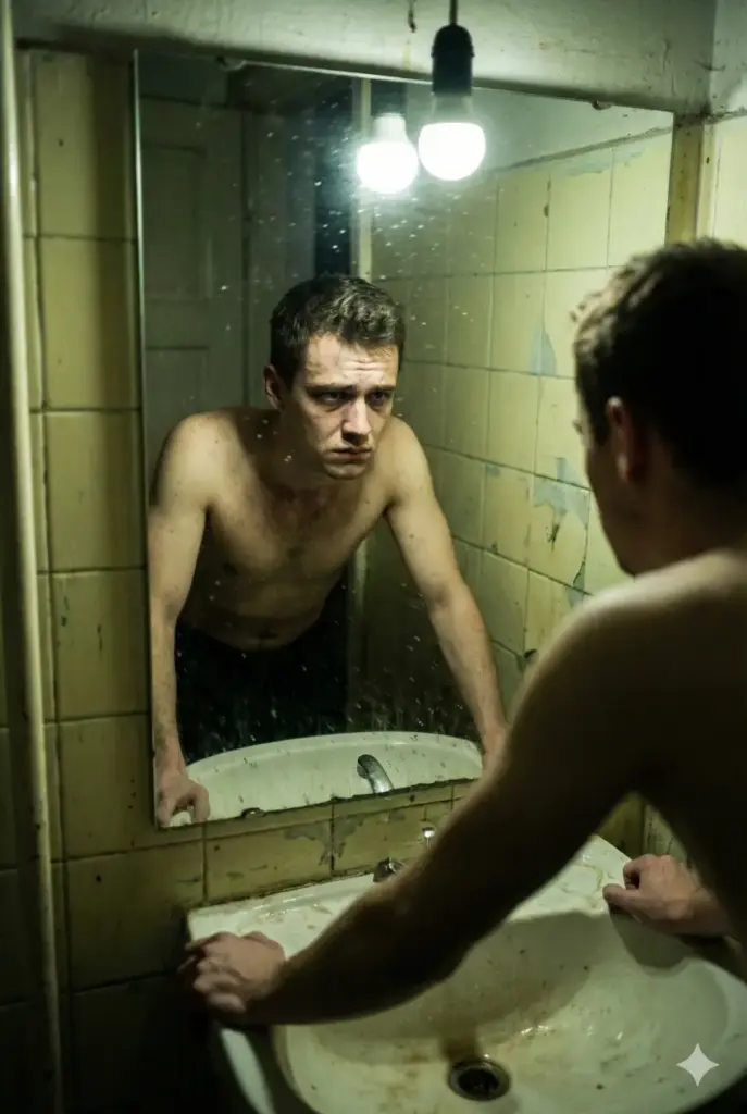 Create a raw, psychological portrait with an aspect ratio of 2:3. The subject is a young man standing in a small, tiled bathroom, looking into a mirror. He is leaning over the sink, gripping the porcelain edges tightly until his knuckles are white. He is shirtless, showing vulnerability. The focus is on his reflection in the mirror, which captures a look of intense self-loathing and sadness. The lighting is provided by a single, naked bulb above the mirror, casting harsh, unflattering shadows over his eyes and collarbones. The color palette should be sickly and uncomfortable, using tinges of green and yellow mixed with deep shadows.