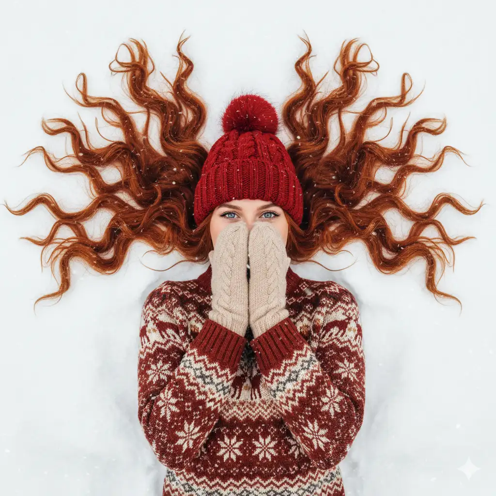 Create a whimsical winter portrait of a young woman lying on her back in fresh, powdery snow. Her long, wavy red hair fans out symmetrically around her head, creating a striking contrast against the white background. She wears a cozy knitted red beanie with a cable pattern and a fluffy pom-pom, along with soft beige mittens that she holds playfully over the lower half of her face, revealing only her bright eyes. Her sweater features a classic Nordic pattern in warm earthy tones—reds, browns, and creams—adding a festive, rustic charm to the scene. Gentle snowfall drifts around her, enhancing the magical, serene atmosphere. Soft, diffused lighting, top-down overhead composition, crisp details in the hair texture, snowflakes, and knit fabrics. High-resolution, cozy winter aesthetic, magazine-style winter fashion photography.
