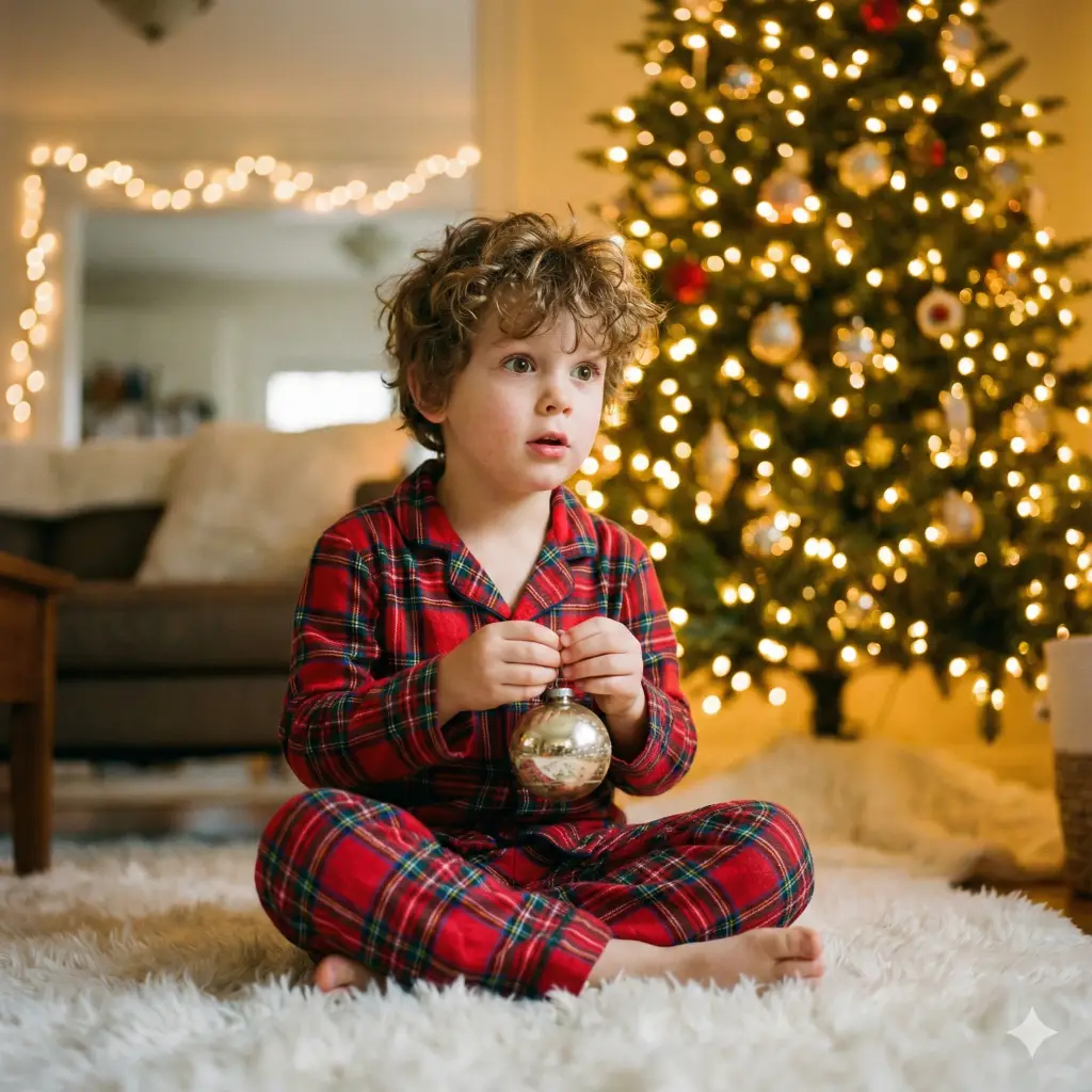 Create a heartwarming photo with an aspect ratio of 1:1 featuring a young boy with messy curly hair wearing classic red tartan flannel pajamas. He is sitting cross-legged on a plush white rug in a dimly lit living room, illuminated solely by the warm, golden glow of a towering Christmas tree. He is holding a vintage glass ornament with both hands, looking at it with pure wonder and wide eyes. The background should be a soft bokeh of twinkling fairy lights, capturing the magical essence of Christmas Eve.