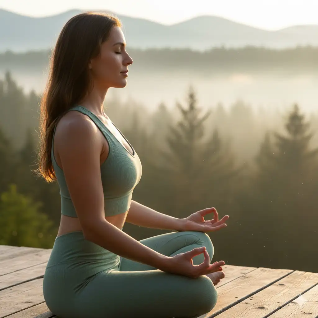 Create an inspiring and serene active-lifestyle profile picture, based on my photo of a woman, embodying wellness and tranquility. She is wearing stylish and comfortable yoga attire in a soft sage green color. The setting is a peaceful, sun-drenched outdoor location, perhaps a wooden deck overlooking a misty forest or a beach at sunrise. The lighting is soft, natural morning light that gives her a healthy and radiant glow. She should be captured in a graceful yoga pose or a moment of quiet meditation with a calm, serene expression on her face. The composition should be an elegant close-up that feels both strong and peaceful, perfect for a wellness-focused social media presence.