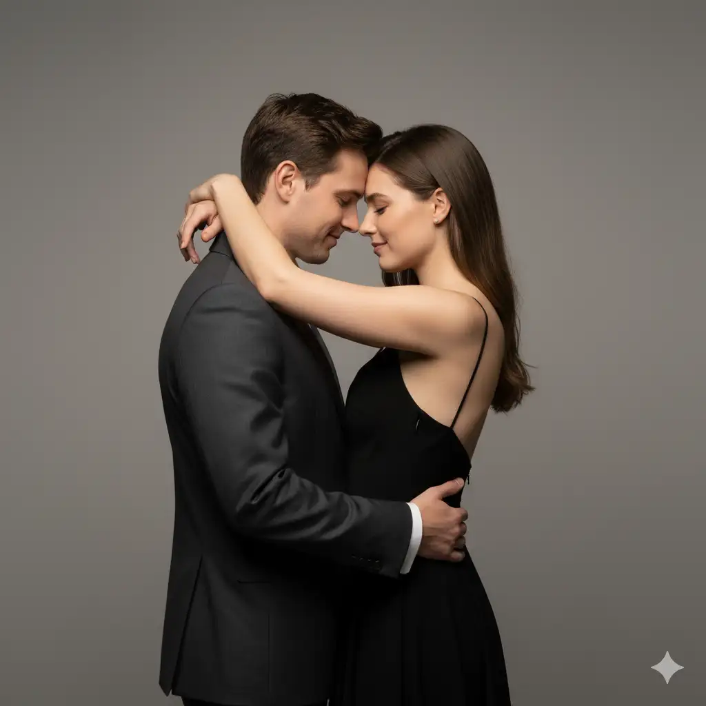 A studio portrait of an elegant couple embracing tenderly. The man, wearing a fitted dark suit and button-up shirt, gently holds the woman around her waist. The woman, in a sleek backless evening dress with thin straps, wraps her arm around him, their foreheads softly touching in an intimate and emotional pose. Their expressions are calm and affectionate, eyes closed as they share a quiet, loving moment. The lighting is soft and diffused, creating smooth shadows and emphasizing the contrast between their outfits and the minimalist gray background.