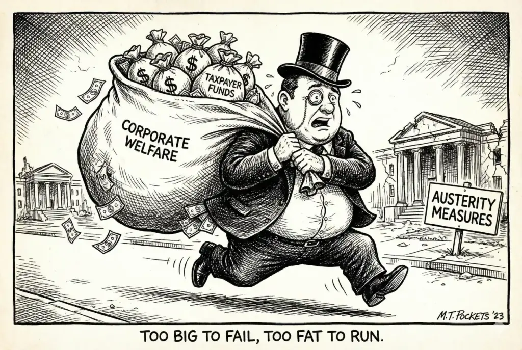 Create a satirical editorial caricature style drawing of a generic businessman running while carrying a giant bag of money. Use a cross-hatching ink style typical of political newspaper cartoons, set against a white background in a 3:2 landscape aspect ratio.