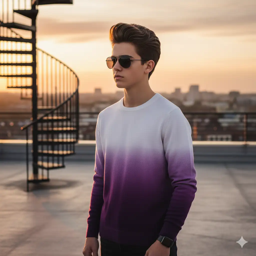 Create photo of a teen boy standing confidently on a rooftop during golden hour, with a soft, warm sky in the background and blurred city buildings below. He wears a gradient sweater that fades from white at the top to deep purple at the bottom, paired with dark sunglasses and a sleek smartwatch on his wrist. His hair is voluminous and well-styled, adding a modern, polished touch. He stands near a black metal spiral staircase, looking off to the side with a calm and composed expression. The lighting is warm and natural, creating a cinematic and relaxed atmosphere that captures a balance between urban style and quiet elegance.