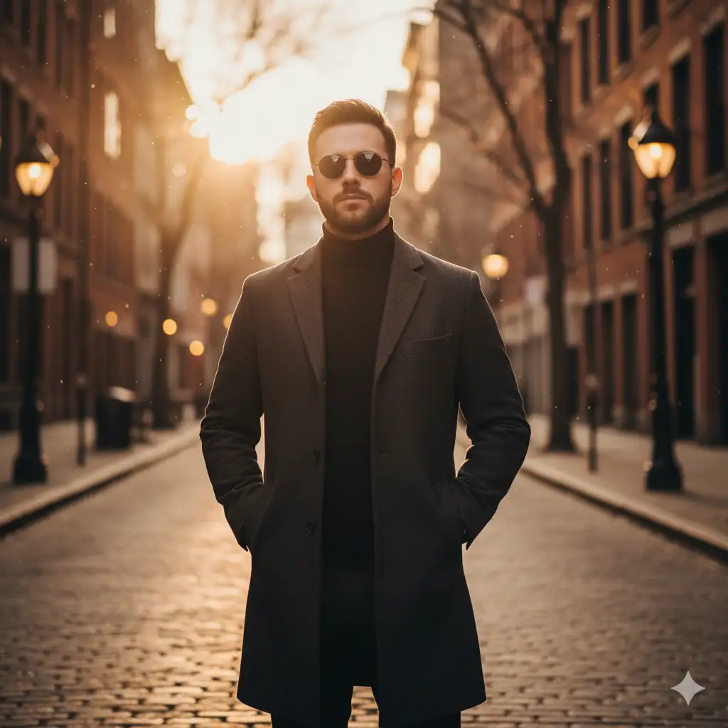 Create a cinematic golden-hour street portrait of a man standing confidently in the middle of a softly lit urban street. He wears dark round sunglasses, a neatly trimmed beard, and a black overcoat layered over a black shirt, a sleek, minimalist look that radiates quiet confidence and sophistication.