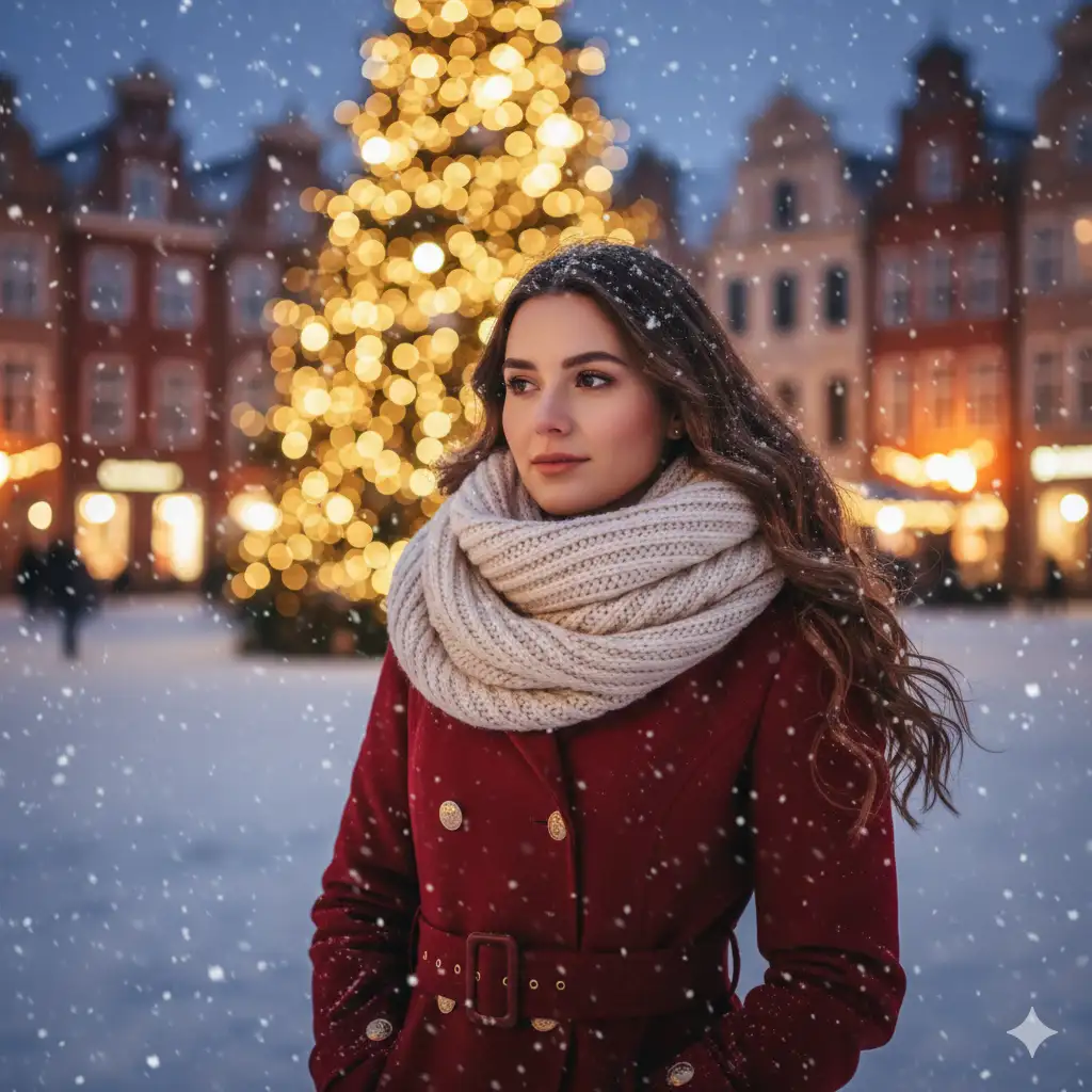 Create a cozy winter evening portrait of a young woman standing in a festive town square illuminated by warm holiday lights. She wears a deep red, belted winter coat and a thick cream-colored knitted scarf wrapped warmly around her neck. Her long brown hair flows gently to the side, catching the soft movement of the winter breeze. Snowflakes float around her, adding a delicate, magical touch to the atmosphere. Behind her, an enormous Christmas tree glows with golden bokeh lights, creating a dreamy, enchanting backdrop. The surrounding buildings are softly blurred, painted in warm, ambient evening tones against a deep blue twilight sky. Her expression is calm and serene, capturing a moment of quiet beauty amidst the lively holiday setting. High-resolution portrait, cinematic depth of field, warm festive lighting, gentle snowfall, elegant winter aesthetic.