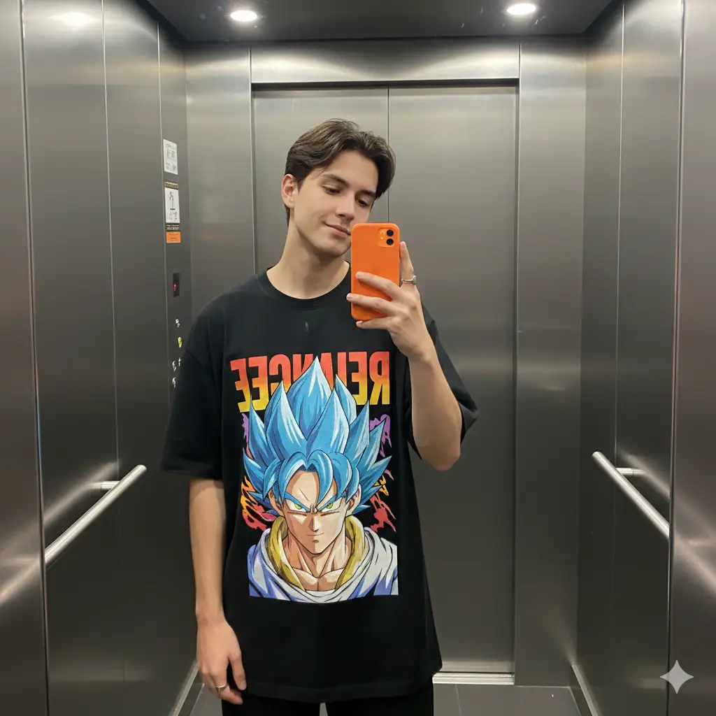 A young man taking a mirror selfie inside a modern elevator with metallic walls and soft, even lighting. He gives a relaxed and casual vibe. He wears a loose-fitting black T-shirt featuring a colorful anime character print, creating a bold visual contrast against the muted elevator background. His phone is bright orange, standing out as he holds it up casually in one hand, slightly tilted to capture the reflection. The man has a calm, confident expression with a subtle smile, exuding an effortless, cool energy. The scene is clean, minimalistic, and modern, with soft reflections on the elevator panels adding depth to the image.