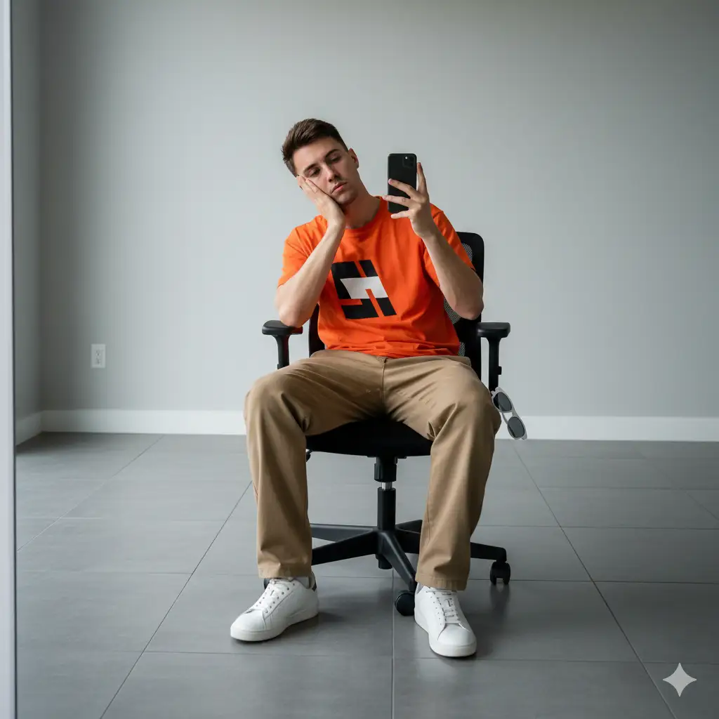 A modern, minimalist portrait of a young man sitting casually on a black office chair in a neutral-toned room. He holds a smartphone in one hand, using it to take a mirror selfie, while his other hand supports his face in a tired or reflective pose. He wears an orange graphic T-shirt, tan chinos, and clean white sneakers. A pair of white sunglasses hangs loosely from his pants pocket, adding a casual, stylish accent. The setting is simple, gray floor tiles, smooth light-gray walls, and soft, diffused lighting that enhances the calm, introspective atmosphere. His expression conveys a quiet, laid-back mood, blending urban cool with subtle realism.