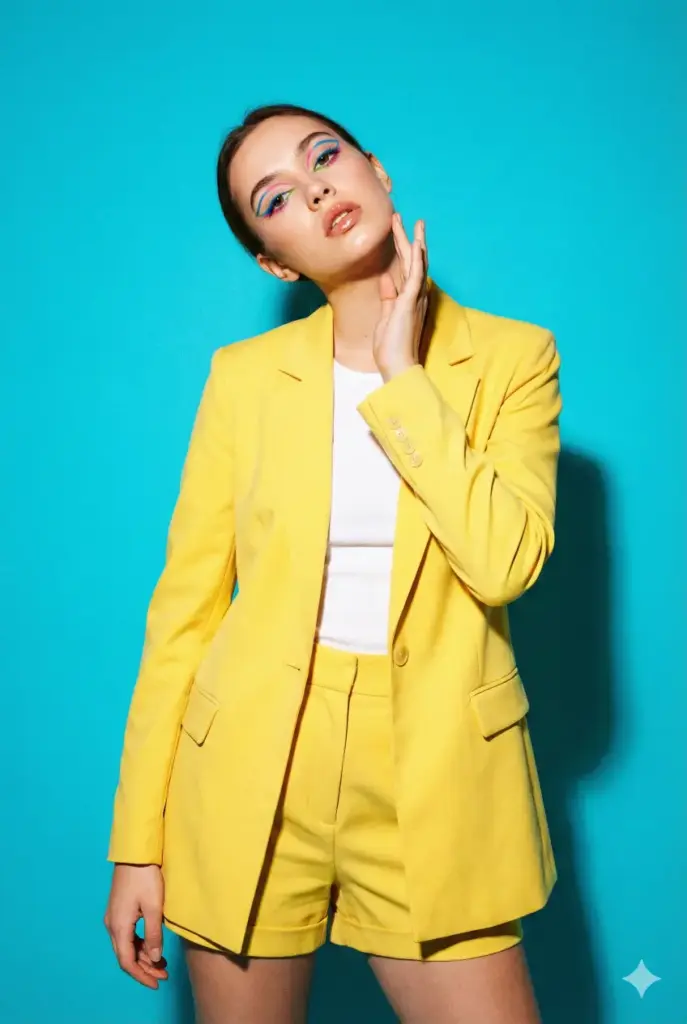 Create a studio portrait of a young woman standing with a playful head tilt and one hand raised near her jaw. She wears a bright yellow blazer, white inner top and high-waist tailored shorts. Add glossy lips and colorful eyeliner for a strong editorial style. Use strong front lighting with soft shadows. Keep the background a saturated cyan tone for a vibrant pop. Mention aspect ratio 2:3.
