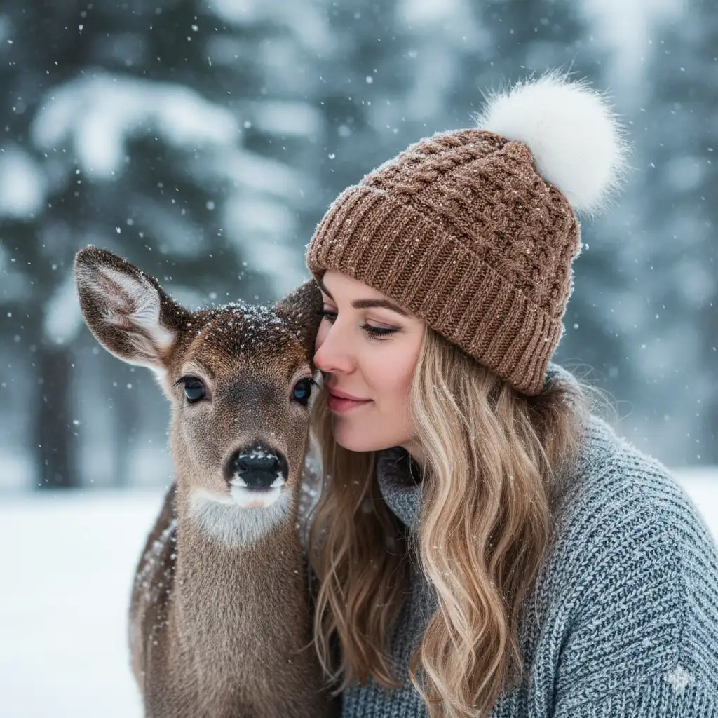Create a winter portrait photo featuring a woman and a young deer in an intimate, gentle moment. The woman has soft, wavy blonde hair and wears a warm, textured grey knit sweater paired with a cozy brown beanie topped with a large, fluffy pom-pom. Snowflakes rest lightly on her hat and hair. She has a calm, warm expression, leaning her face close to the deer in a way that feels peaceful and trusting.