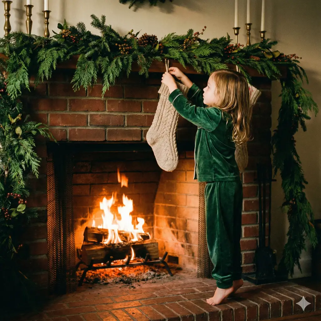 Create a cozy, low-angle photo with an aspect ratio of 1:1 of a little girl hanging a stocking on a brick fireplace mantel. She is standing on her tiptoes, wearing festive green velvet pajamas. The mantel is decorated with fresh garland and brass candlesticks. The only light source comes from the roaring fire inside the hearth, which bathes the scene in a warm, orange glow, highlighting the texture of her pajamas and the garland.