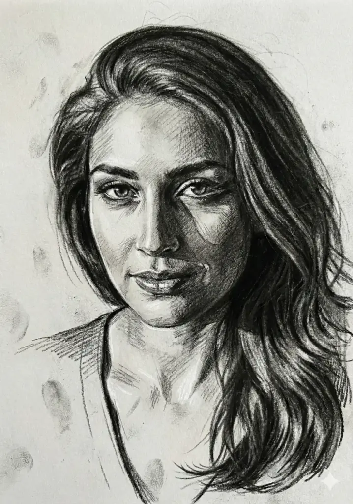 Create a charcoal style portrait with strong contrast, rough shading, and natural smudges. Highlight contours of the face and hair while preserving accurate proportions. Add subtle grain from textured sketch paper.