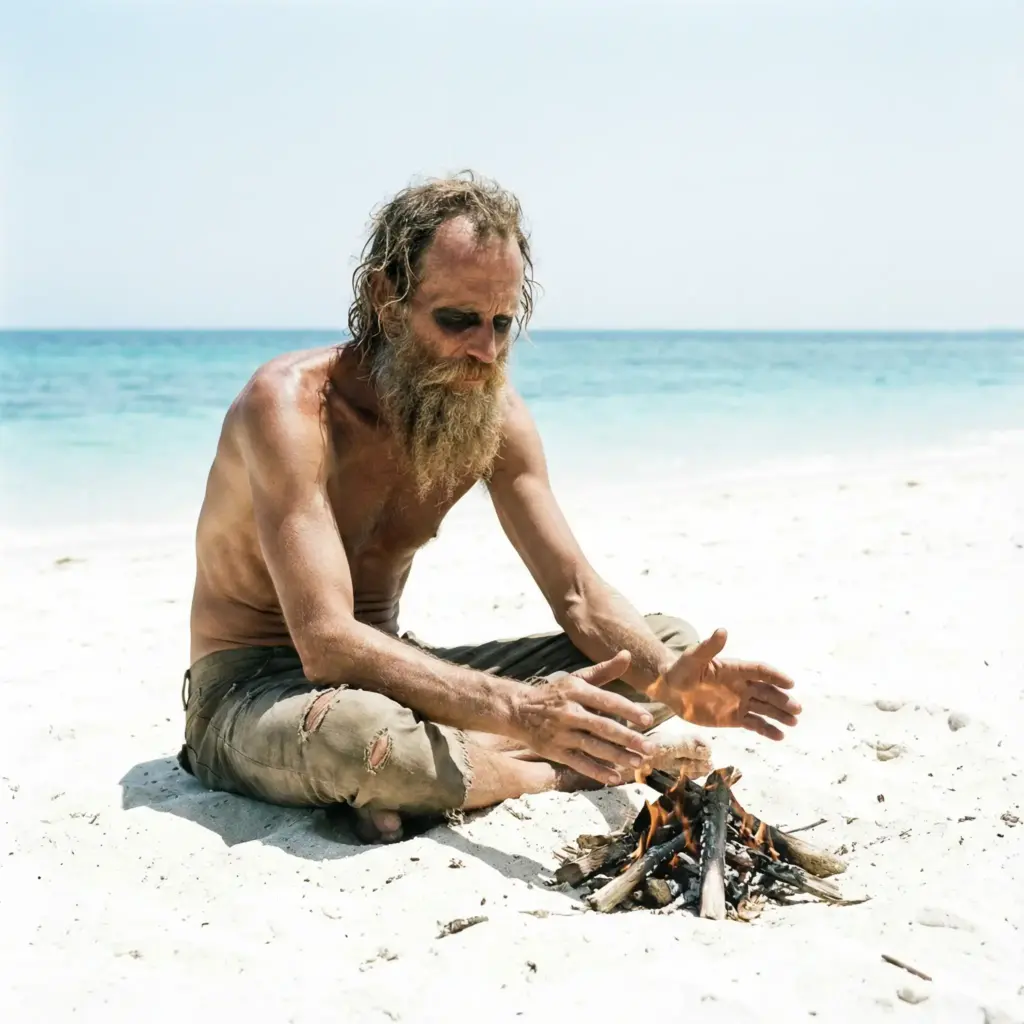 Create a raw cinematic shot from a survival drama. A man with a long, sun-bleached beard and matted hair sits on a pristine white sand beach. He is shirtless, extremely thin, wearing only tattered trousers. He is staring at a small fire he has just managed to start, his hands cupped around it protectively. The ocean behind him is turquoise and calm, but the sun beats down harshly. The lighting is bright and high-contrast (mid-day sun), casting deep shadows in his eye sockets and rib cage. The color grade should be desaturated and slightly overexposed to convey heat. Aspect ratio 1:1.