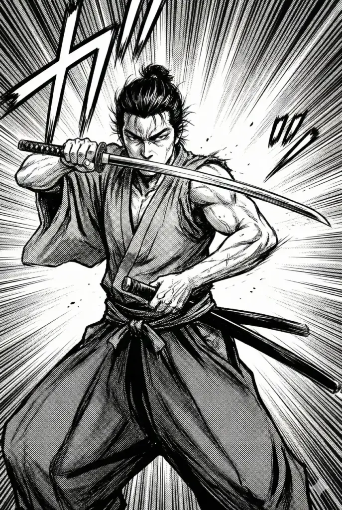 Create a monochrome manga panel depicting a samurai drawing a sword. The image should be strictly black and white ink, utilizing screen-tone dots for shading and gradients. Include dramatic speed lines in the background to convey intense motion and action in a vertical 2:3 aspect ratio.