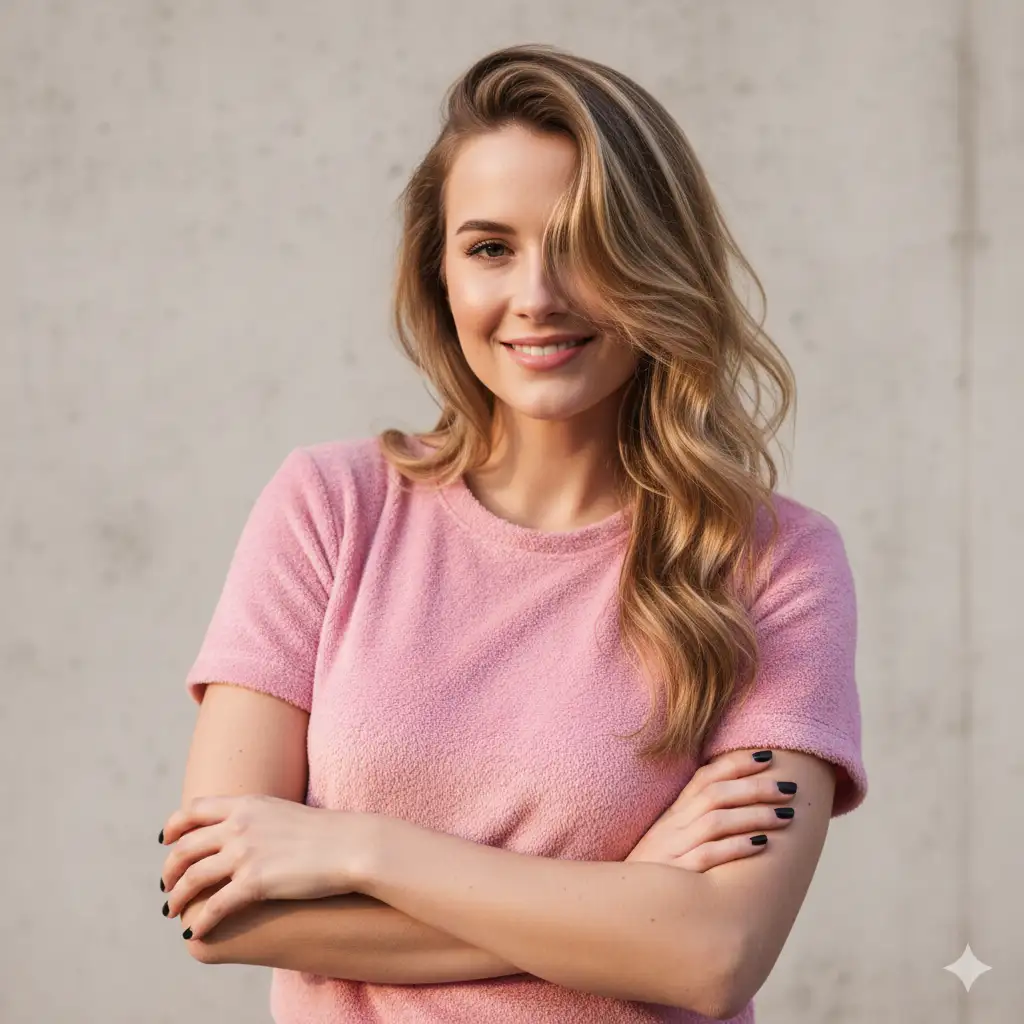 Create a natural light portrait of a young woman standing against a light concrete wall, smiling softly with a relaxed and confident expression. She has long, slightly wavy, blonde-brown hair that falls naturally around her face, with a few strands partly covering one eye. She wears a short-sleeved, fluffy pink top with a cozy, textured fabric. Her arms are crossed gently over her chest, creating a balanced and slightly playful pose. Her nails are painted black, adding a subtle contrast to the bright pink outfit. The overall mood is warm, cheerful, and modern, with soft daylight highlighting her features. The background is minimal and slightly blurred, focusing attention on her face and the vivid color of her top.