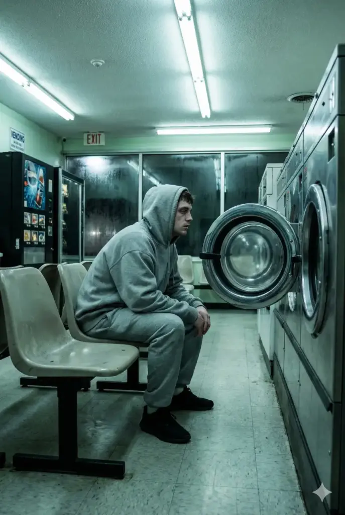 Create a realistic, slice-of-life photograph with an aspect ratio of 2:3. The subject is a young man sitting on a plastic bench in a deserted, 24-hour laundromat at night. He is wearing an oversized grey hoodie with the hood up and sweatpants. He is staring hypnotically into the spinning glass drum of a washing machine in front of him, looking completely drained and empty. The lighting is harsh, overhead fluorescent tubes that hum with a sterile, greenish-white light, reflecting off the linoleum floor. The color palette should be cold and clinical, emphasizing the silence and the late hour.