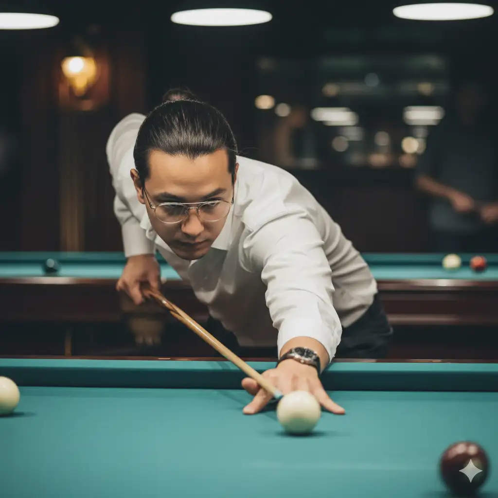 Create photo of a cinematic, ultra-realistic close-up of a man playing billiards, captured mid-focus as he leans forward to strike the cue ball. The composition emphasizes precision and confidence, the man's eyes locked on the shot, his hand steady on the table guiding the cue stick. He wears a crisp white dress shirt with the sleeves rolled up and the top buttons slightly undone, exuding a relaxed but focused energy. His hair is tied neatly back, and he sports clear-framed glasses that reflect the warm glow of overhead lights.