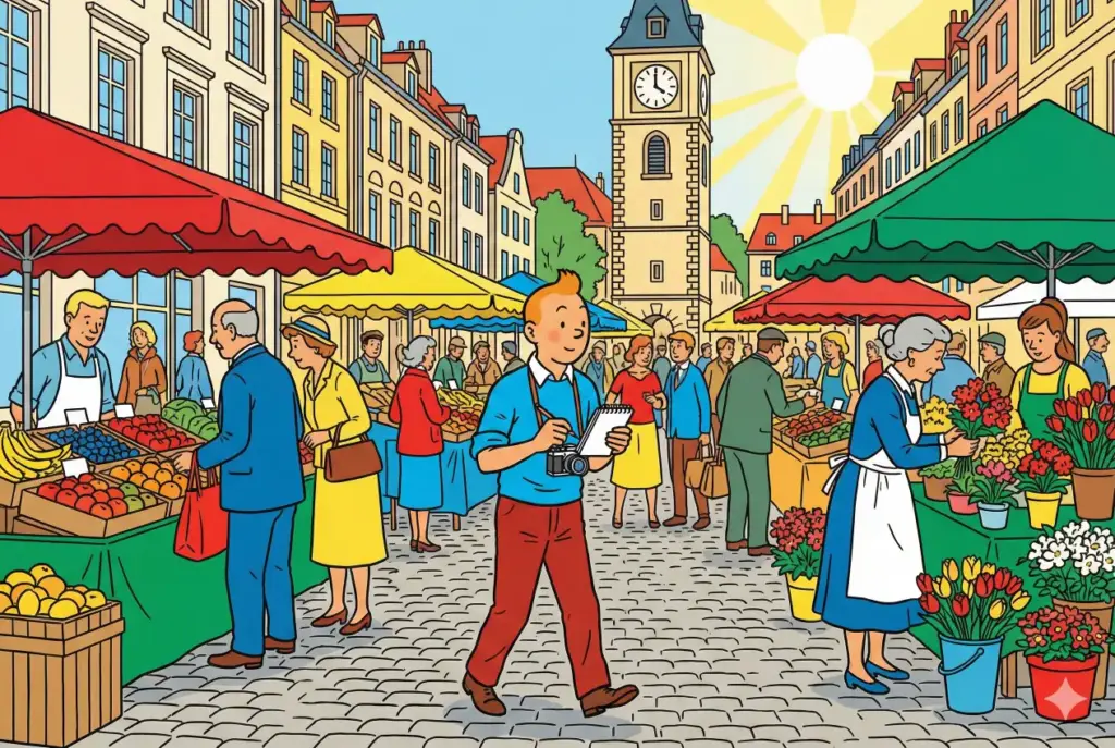 Create a Clear Line (Ligne Claire) style illustration of a young reporter exploring a sunny European market square. Use precise, continuous black outlines of equal width for every element in the scene. The coloring must be flat, vivid, and saturated without any cross-hatching or gradient shading. The composition should be clean and readable, formatted in a 3:2 landscape aspect ratio.