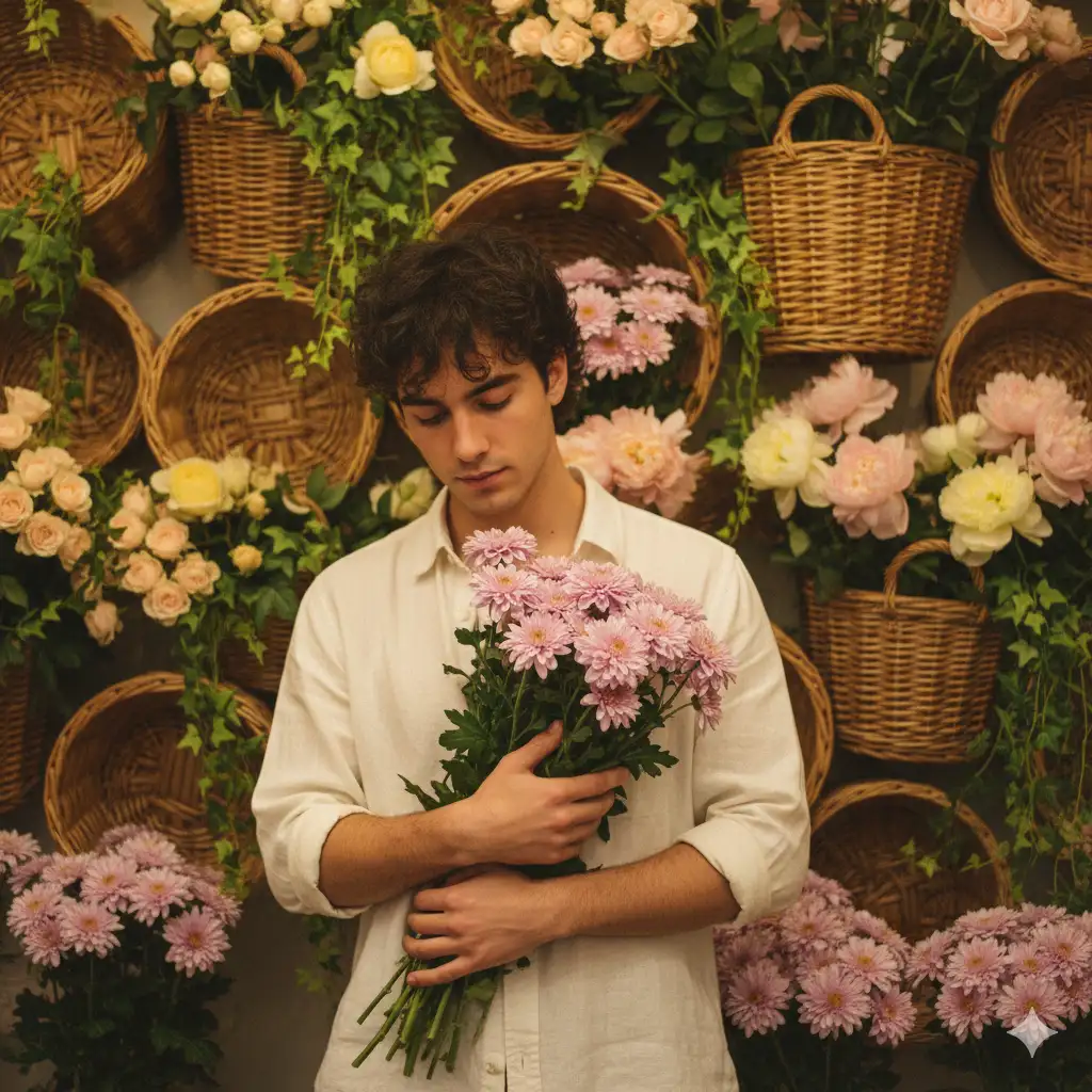 A softly lit portrait of a young man standing in front of a vibrant floral and wicker basket display. He has dark, curly hair and wears a light, casual button-up shirt with the sleeves rolled slightly. His expression is gentle and reflective as he looks down at the bouquet of pink chrysanthemums he holds close to his chest. The background is rich with woven baskets of different sizes, interwoven with lush green leaves and clusters of pastel flowers, roses, peonies, and chrysanthemums in shades of pink, yellow, and cream. The scene feels warm and inviting, with golden light illuminating the textures of the wicker and petals, creating a cozy, artistic ambiance reminiscent of a rustic flower shop.