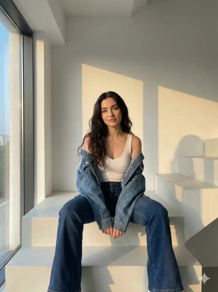 Create photo of a young woman sits casually on a set of white minimalist stairs, bathed in warm golden-hour sunlight streaming in from the side. She wears a fitted white tank top paired with dark blue high-waisted flared jeans. A matching denim jacket slips loosely off her shoulders, giving the outfit a relaxed, effortless vibe. Her long, dark wavy hair falls naturally over her shoulders, catching subtle highlights from the sun. She gazes ahead with a calm, confident expression, her makeup soft and natural with slightly defined eyes and warm-toned lips. The light casts elongated, soft-edged shadows on the wall behind her, adding depth and a serene, late-afternoon atmosphere. The overall composition feels clean, modern, and cinematic, with a focus on warm natural lighting, texture contrast between denim and smooth surfaces, and a stylish yet relaxed mood. Use 3:4 aspect ratio.