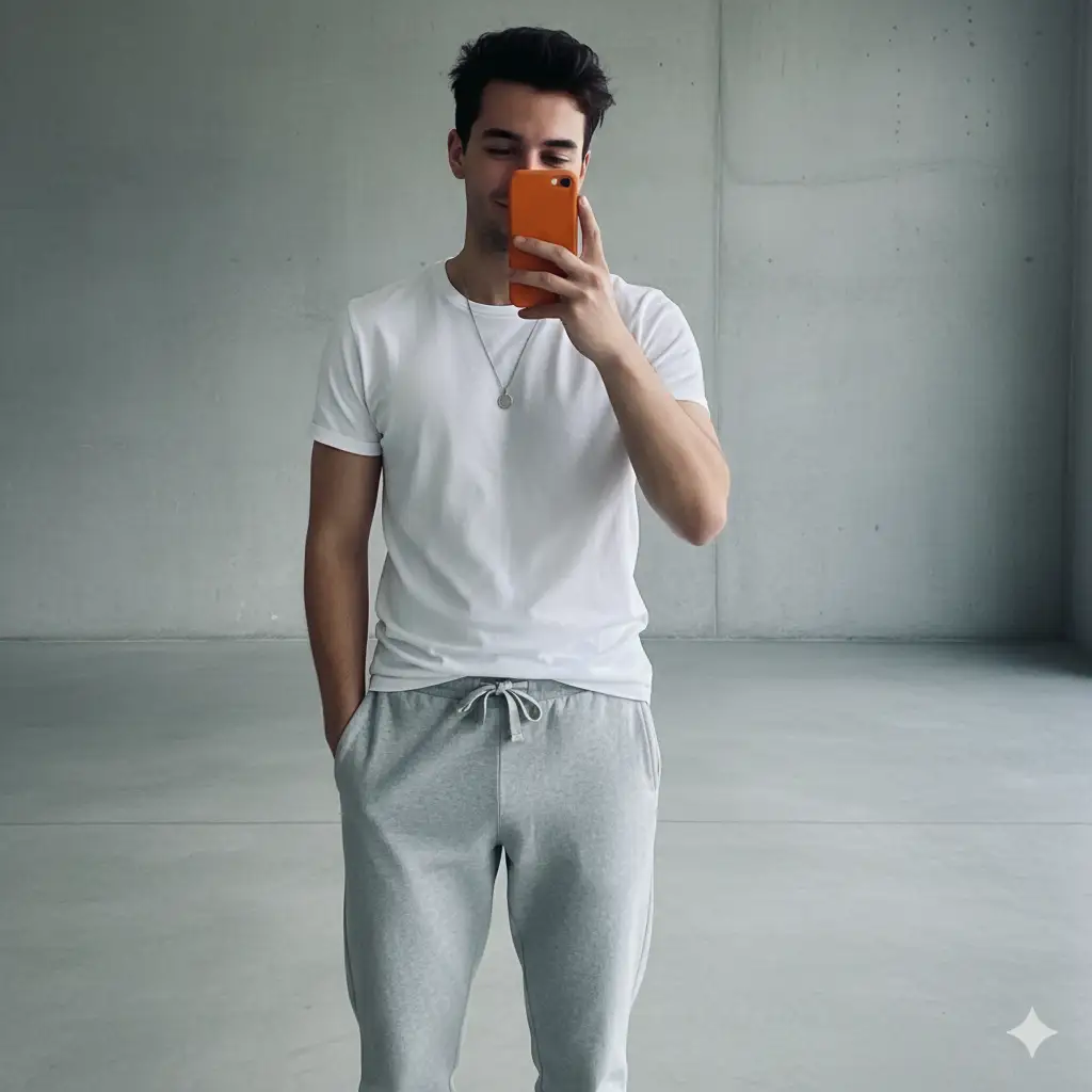 A modern, minimalist mirror selfie of a young man standing in a softly lit room with cool neutral tones. He has neatly styled dark hair, wearing a plain white fitted T-shirt and light gray sweatpants with drawstrings, giving off a relaxed yet stylish vibe. He holds an orange smartphone in one hand, partially covering his face, while his other hand rests casually in his pocket. A simple silver chain hangs around his neck, adding a subtle touch of refinement. The lighting is clean and even, casting soft shadows that highlight the smooth textures of his outfit and the calm, uncluttered background. The overall mood is sleek, composed, and effortlessly cool, with a contemporary aesthetic. Don't show the mirror.