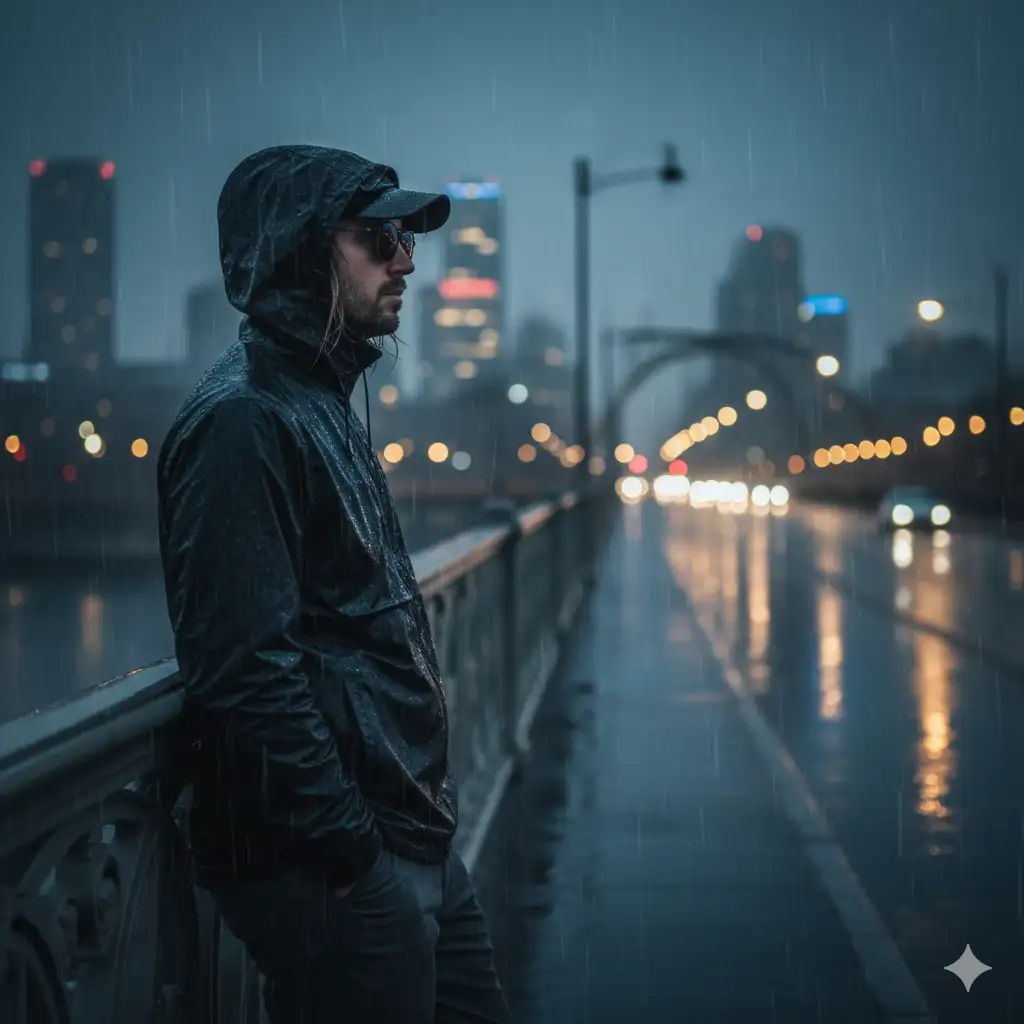 Create a cinematic, moody portrait of a man standing on a rainy bridge at dusk, gazing out over the city skyline. The background features blurred city lights and the faint silhouette of an arched bridge structure, softly glowing through the mist and rainfall. The wet pavement reflects the headlights of distant cars, adding depth and atmosphere to the scene. The man leans against the railing, dressed in a dark waterproof jacket with a hood, his hair damp from the rain. He wears dark sunglasses, giving him a mysterious, introspective presence.