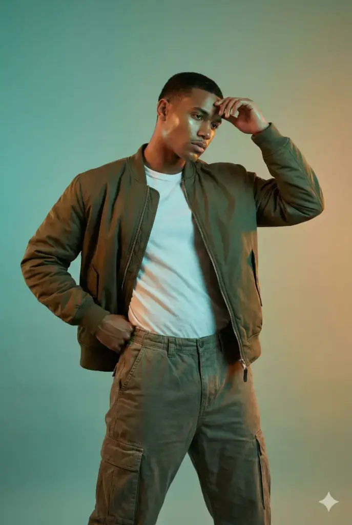 Create a studio portrait of a young man standing with a strong pose, one hand resting on his hip and the other touching his forehead. He wears a layered outfit with a white inner tee, olive bomber jacket and loose cargo pants. Add subtle gloss to the skin to enhance texture. Use stylized lighting with soft teal and amber tones. Background should be a smooth gradient matching the lighting colors. Use aspect ratio 2:3.
