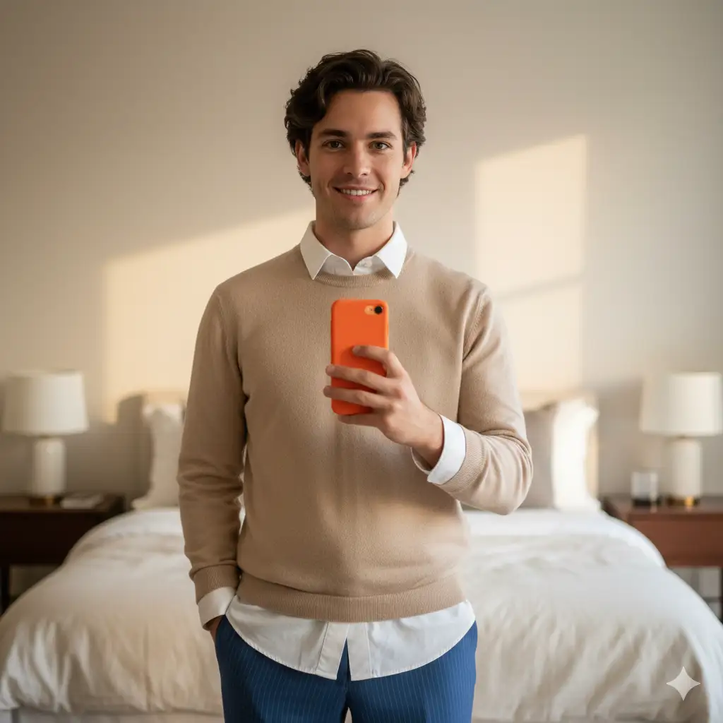 A bright, minimalist mirror selfie of a young man standing in a softly lit modern bedroom. He has wavy dark hair and a warm, genuine smile, exuding an effortlessly confident and approachable energy. He's dressed in a smart-casual outfit, a beige crewneck sweater layered over a crisp white collared shirt with the cuffs and hem neatly showing, paired with blue pinstriped trousers. He holds an orange smartphone in one hand, adding a pop of color to the neutral palette. The background is softly blurred, featuring a neatly made bed with beige and white linens, contributing to the calm and refined atmosphere. The overall aesthetic is modern, elegant, and subtly cheerful. The mirror should not be shown.