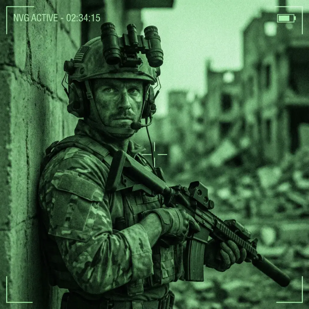 Create a gritty, realistic cinematic shot from a modern special operations movie. A soldier is seen through the green phosphor view of night vision goggles (NVG). He is wearing a ballistic helmet with attachments, comms gear, and camouflage fatigues. He is stacking up against a wall, holding a suppressed rifle. The image is monochromatic green with heavy grain and "digital noise" typical of night vision footage. Only his eyes are visible through the gear, looking intense. The background is a blurry urban ruin. Aspect ratio 1:1.