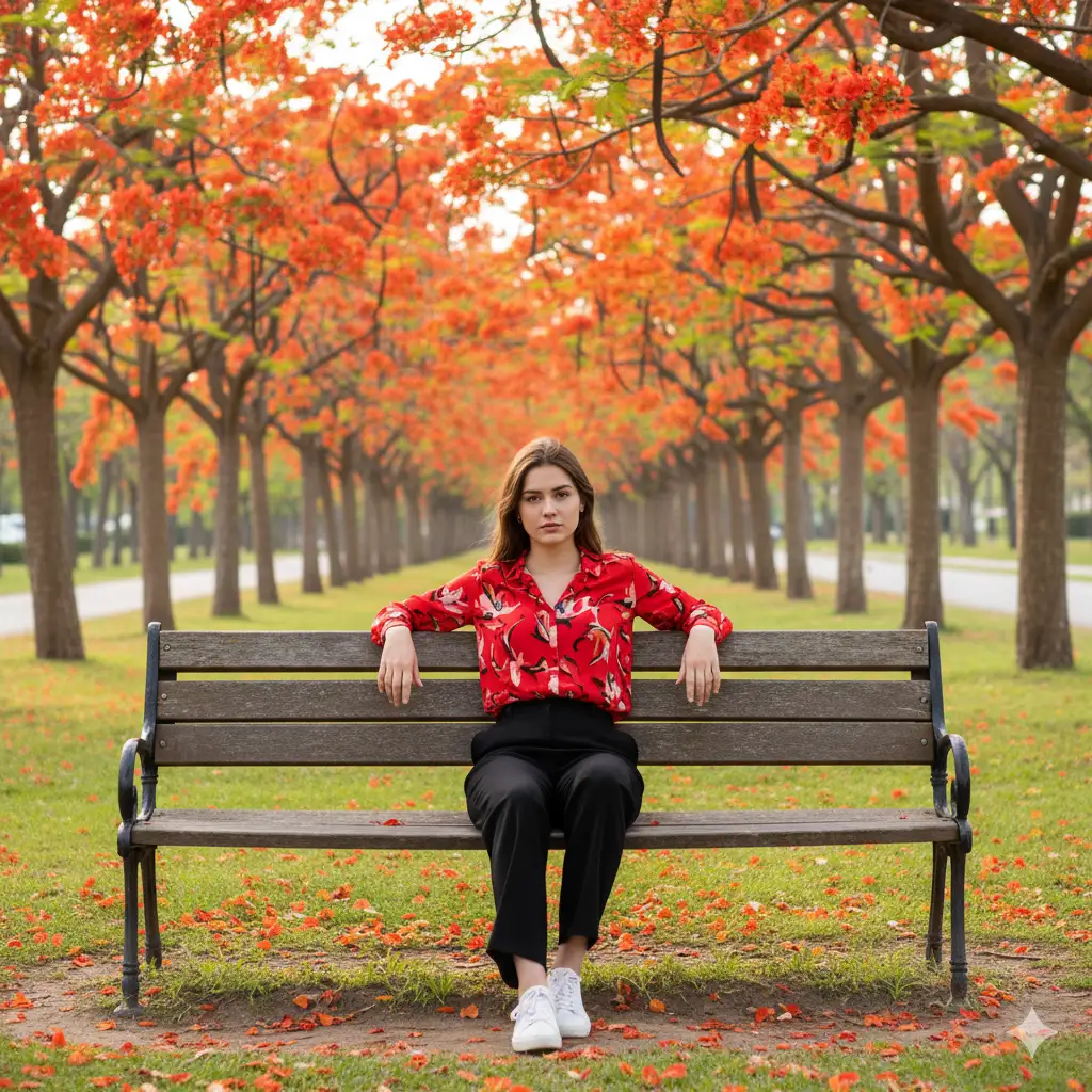 Create a stylish portrait of a young woman sitting confidently on a wooden park bench, surrounded by rows of trees blooming with vivid orange-red flowers. She wears a bright red patterned blouse, black pants, and white sneakers, her posture relaxed yet poised with arms resting casually on the back of the bench. Her expression is calm and self-assured, perfectly matching the serene, symmetrical beauty of the park around her. The soft, diffused daylight filters through the flowering canopy above, creating a warm, natural ambiance with scattered petals on the grass. The background of evenly spaced trees forms a dreamy tunnel effect, emphasizing balance and tranquility amid the burst of color.