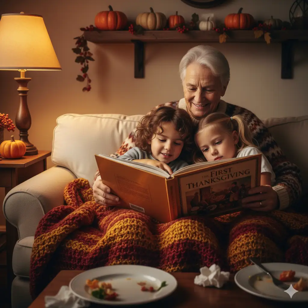 Create photo of a Thanksgiving moment of a grandparent reading a holiday storybook to two children on a couch; a knitted blanket draped over their laps; a softly glowing lamp nearby; pumpkins and fall garlands on a shelf behind them; warm, intimate lighting highlighting wrinkles, fabric textures, and the glossy book pages.